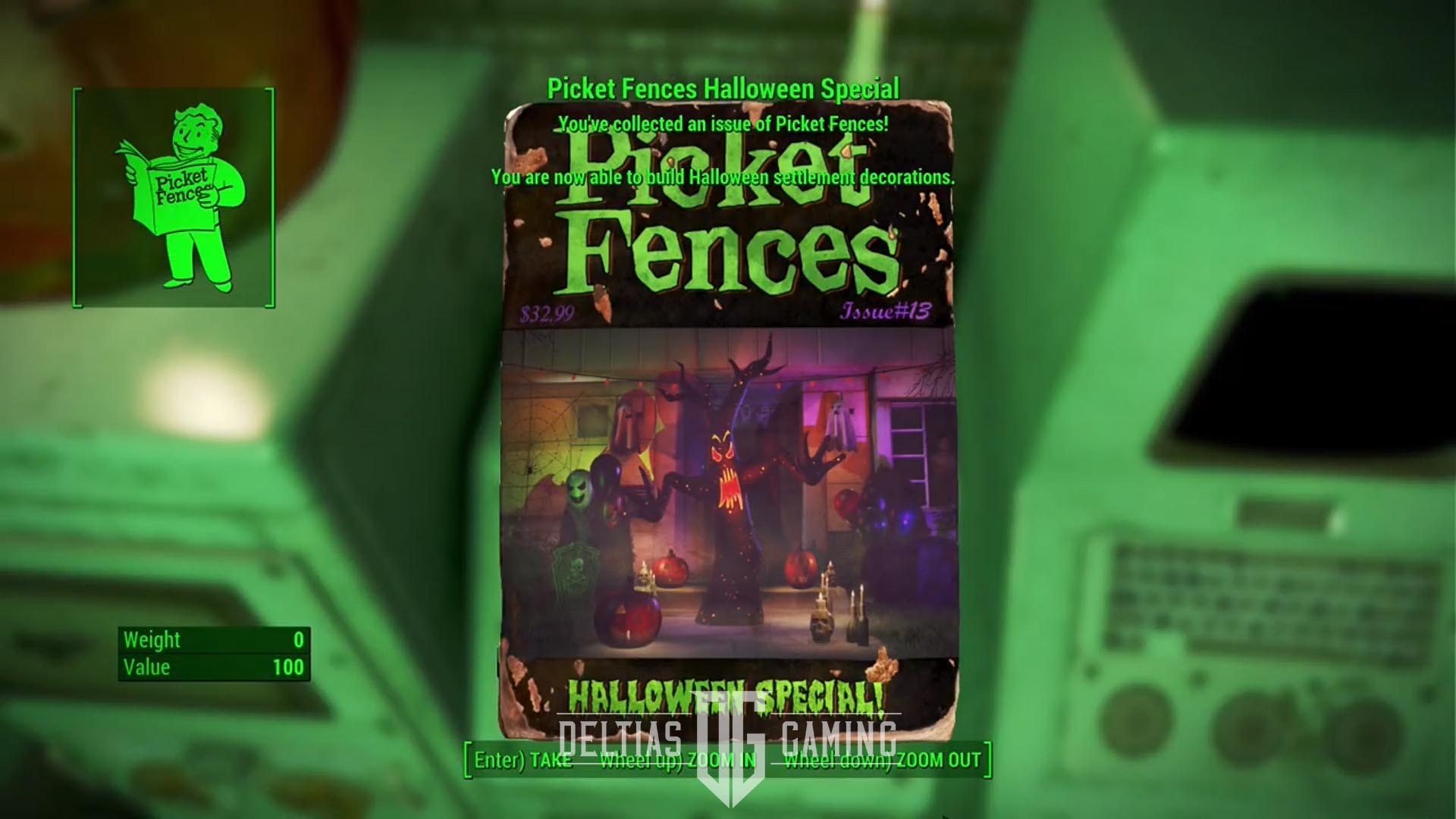 Fallout 4 All Hallows' Eve Picket Fences magazine unlocks Halloween settlement decorations