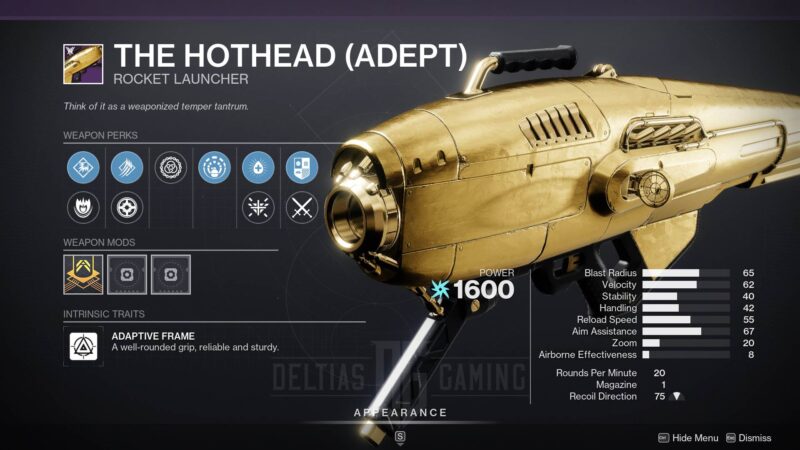 Destiny 2 Hothead Adept Rocket Launcher