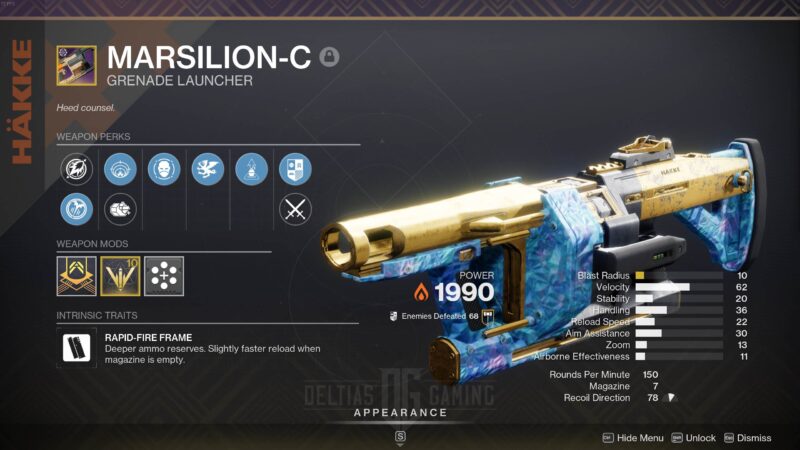 Destiny 2 Marsilion-C Solar Grenade Launcher