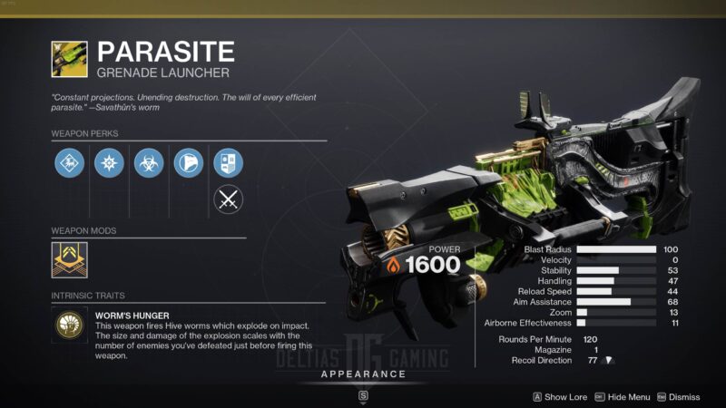 Destiny 2 Parasite Exotic Grenade Launcher