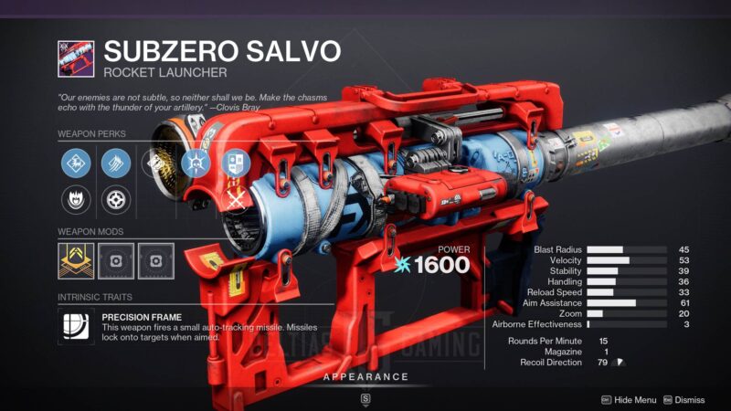 Destiny 2 Subzero Salvo Rocket Launcher
