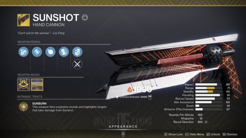 Destiny 2 Sunshot Exotic Hand Cannon