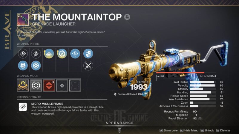 Destiny 2 The Mountaintop Kinetic Grenade Launcher