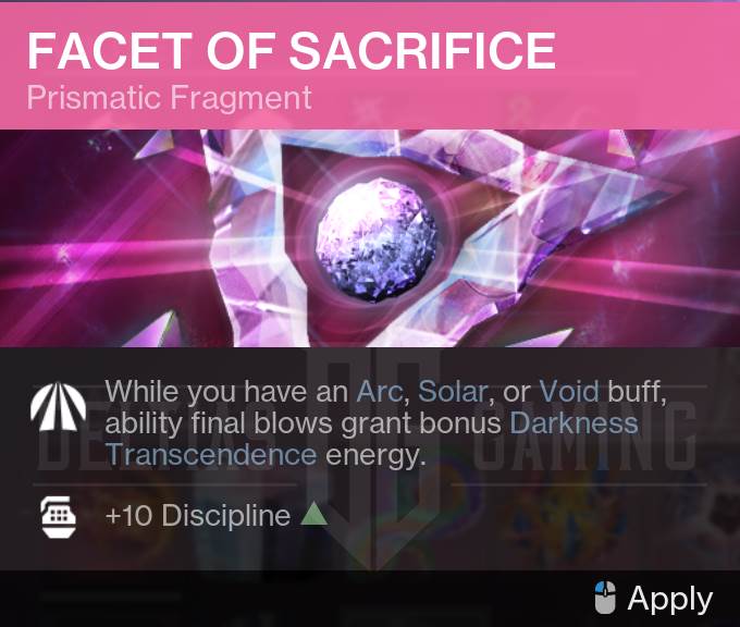 Destiny 2 Facet of Sacrifice Prismatic Fragment Deltia's Gaming