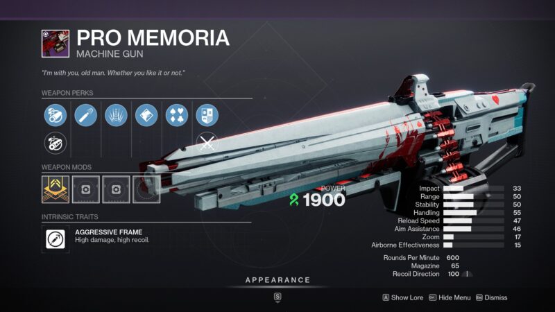 Destiny 2 Pro Memoria Machine Gun