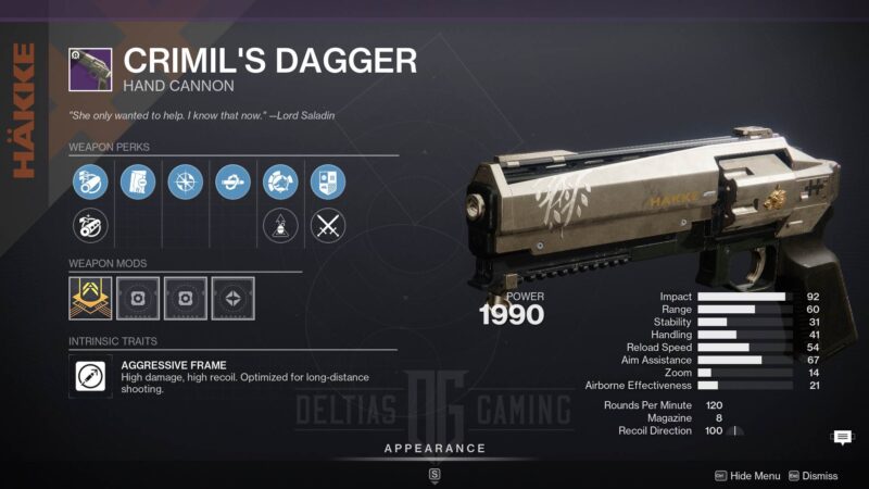 Destiny 2 Crimil's Dagger God Roll and How to Get