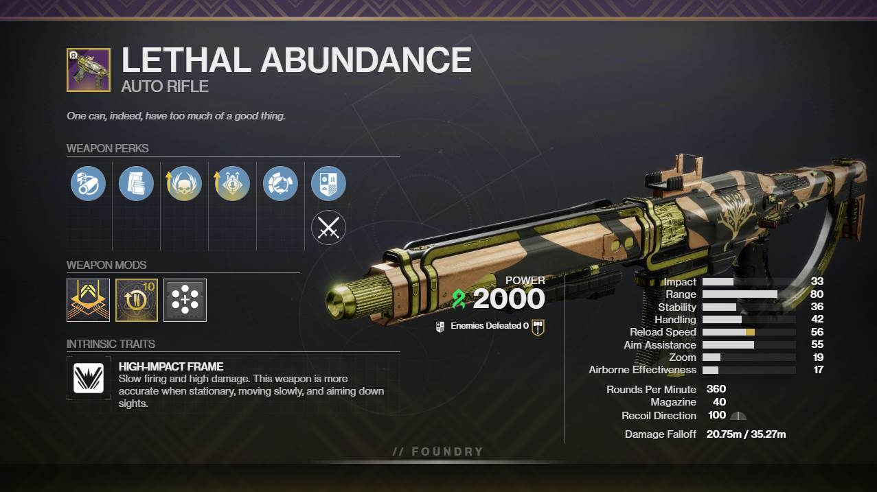 Destiny 2 Lethal Abundance PvE God Roll