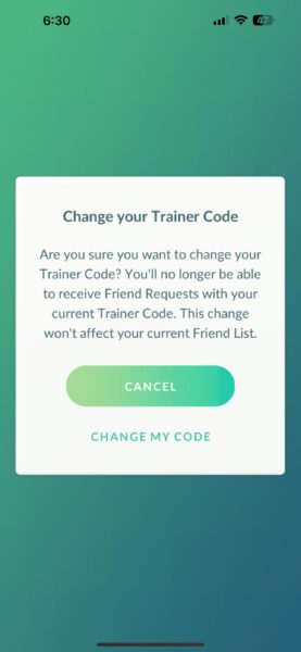 Change Trainer Code in Pokemon GO confirmation.