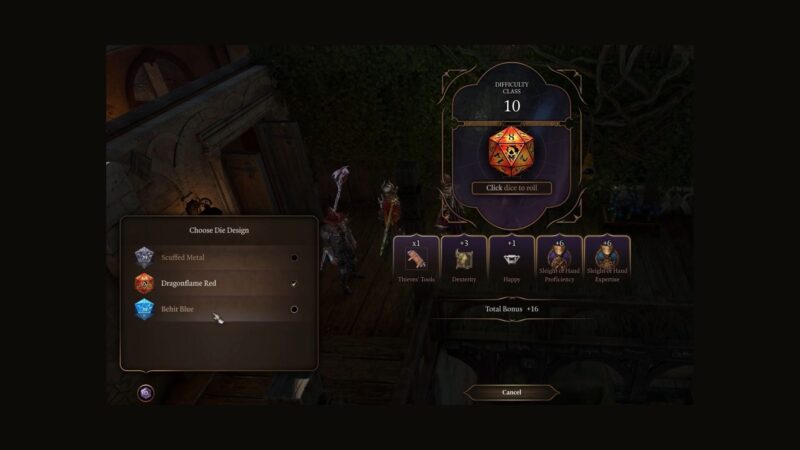 Click on the bottom left icon during a dice roll to see the available skins (Source: Larian Studios)