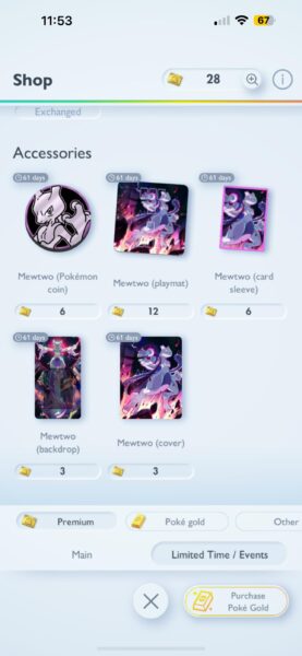 All Mewtwo Accessories in Pokemon TCG Pocket.