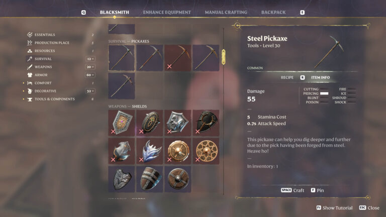 Enshrouded Steel Pickaxe crafting recipe