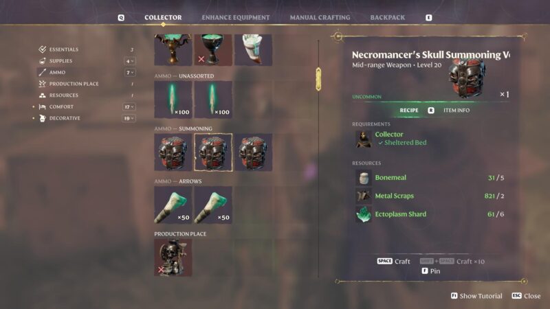 Enshrouded Necromancer's Skull Summoning Vessel crafting recipe with Collector