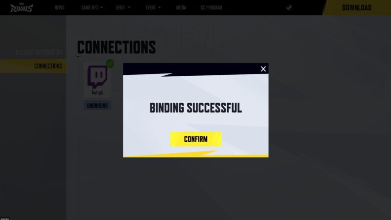 Successfully connecting your Twitch ID to Marvel Rivals.