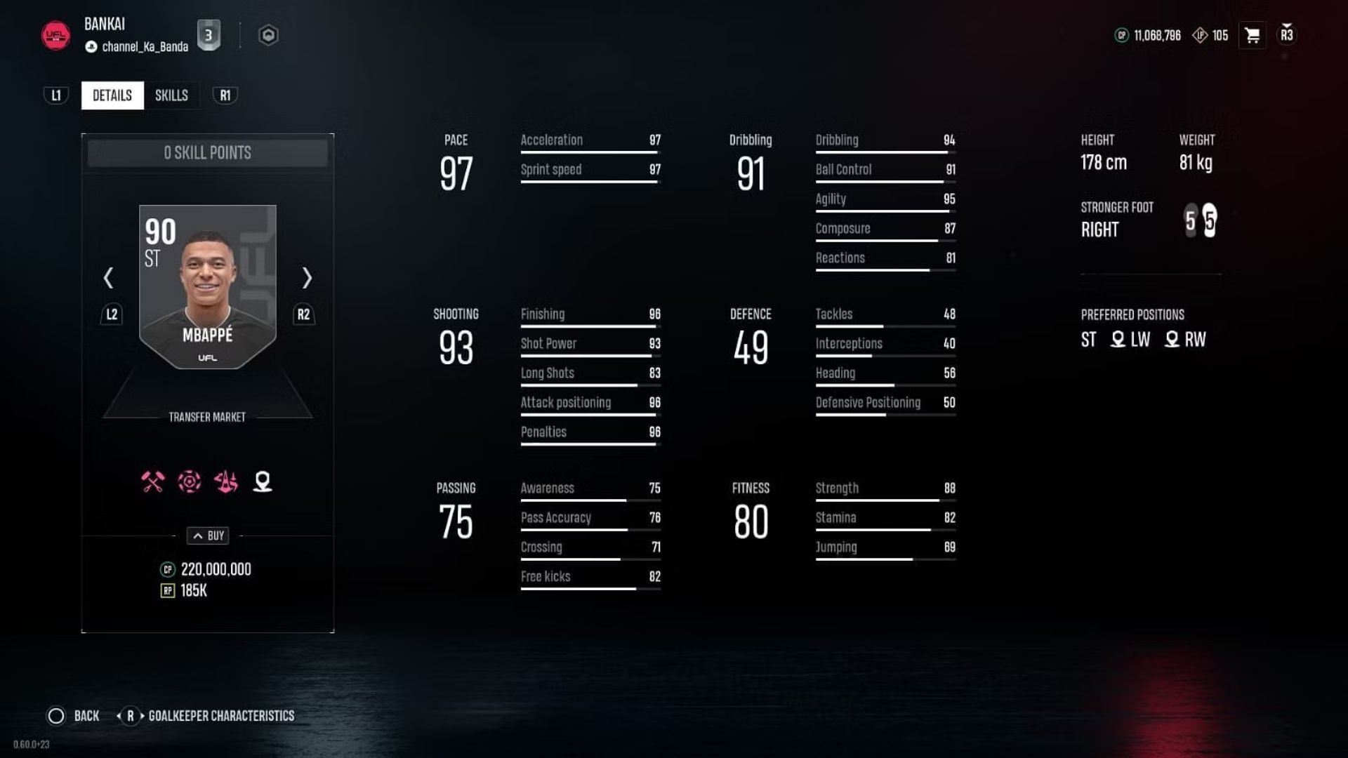Kylian Mbappe Player Stats in EAFC 25 vs UFL