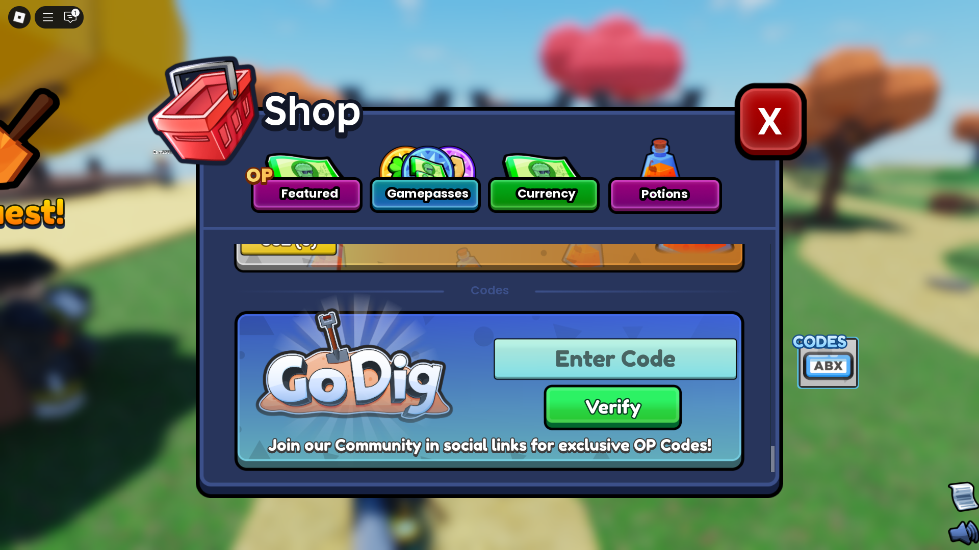 Redeeming codes in Go Dig (Image via Roblox)